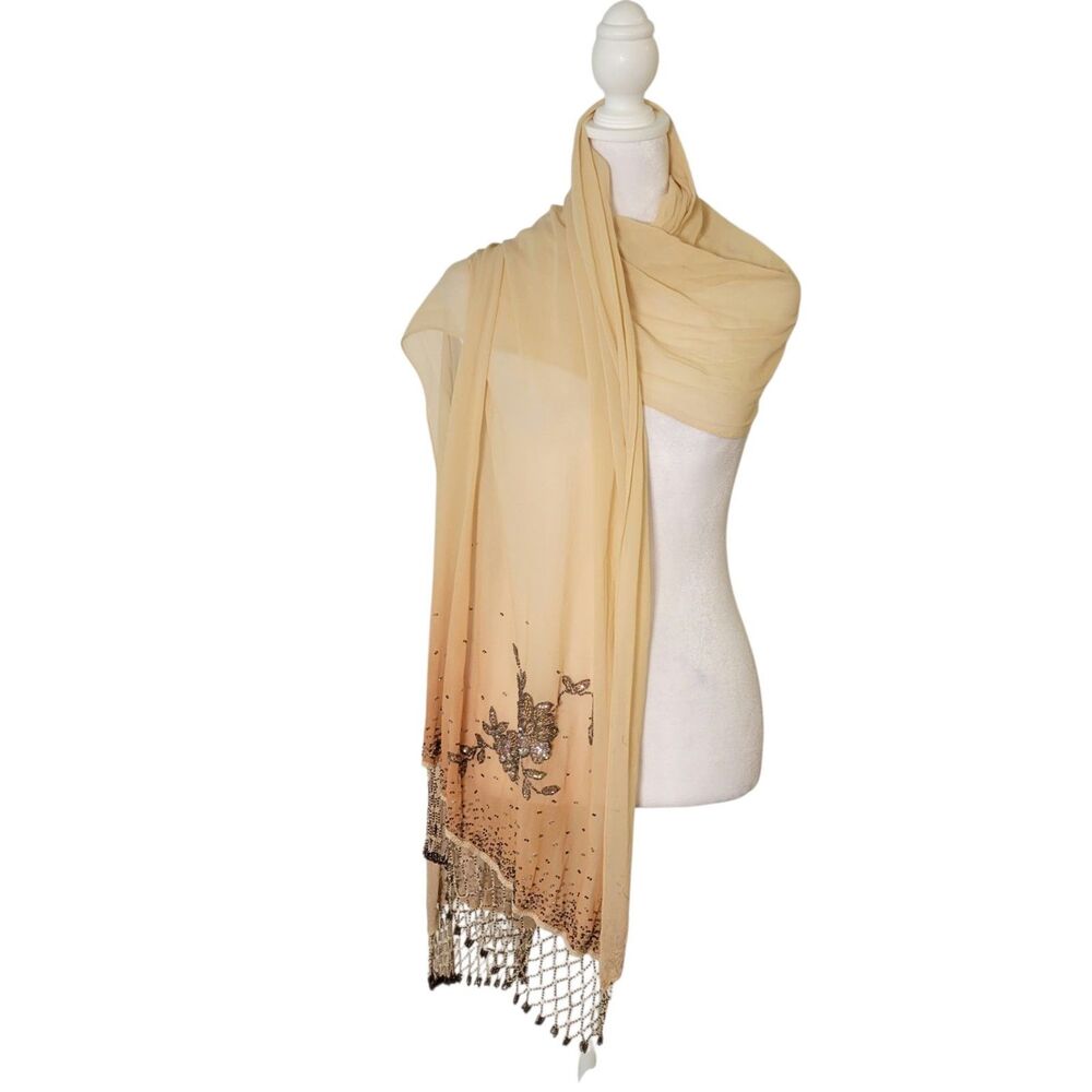 Sue Wong Nocturne 100% Silk Ombre Beaded Scarf Shawl Wrap Fringe Ethereal Fairy
